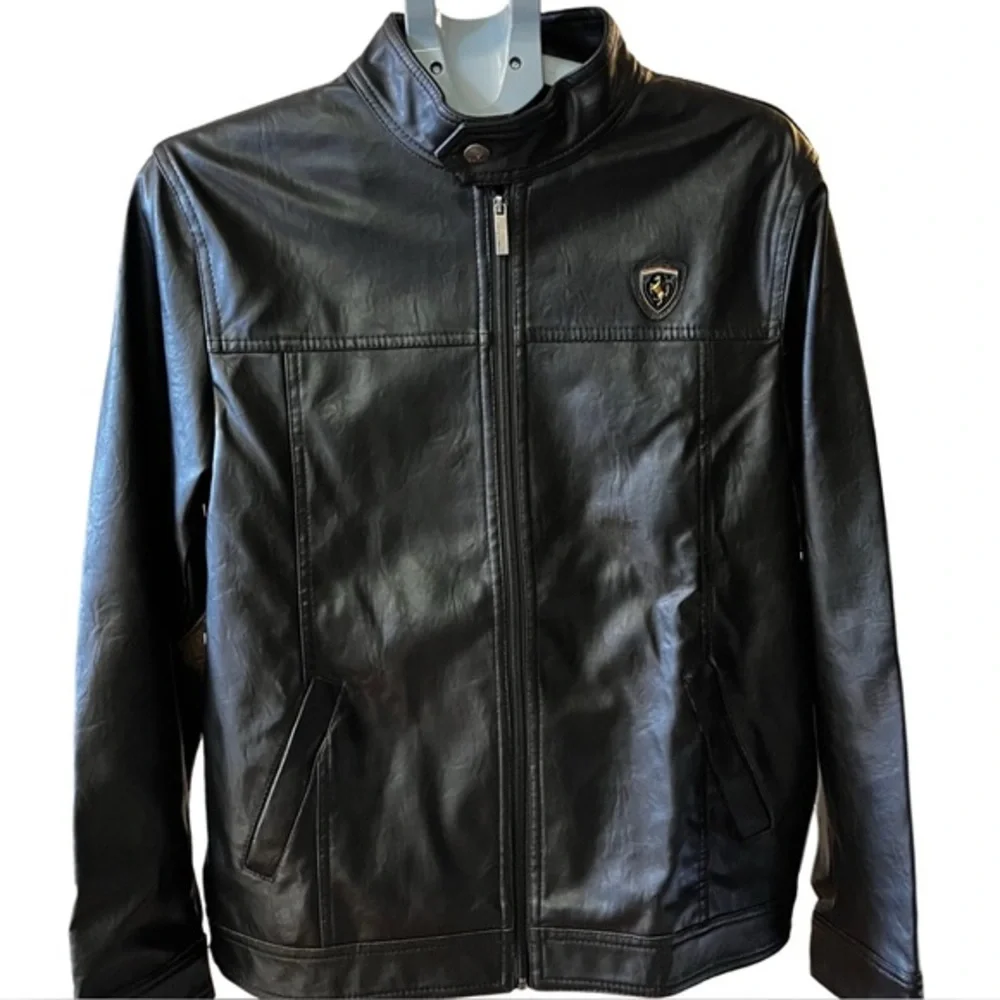 EMPORIO & CO|FERRARI Vintage Black Leather Moto Jacket, Size Medium.